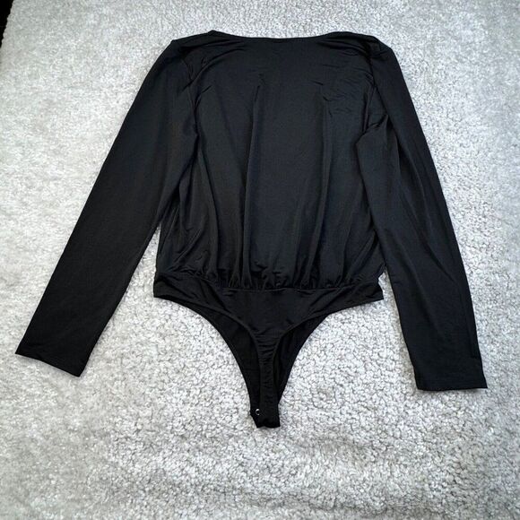 Express Black Satin Draped V-Neck Faux Wrap Thong Bodysuit NEW - Picture 3 of 10